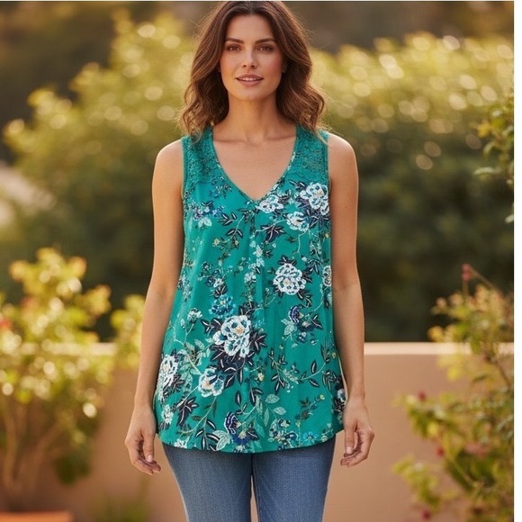 Daniel Rainn Tops - Daniel Rainn Teal Green Floral Crochet Lace Top Bohemian Feminine Botanical 1X